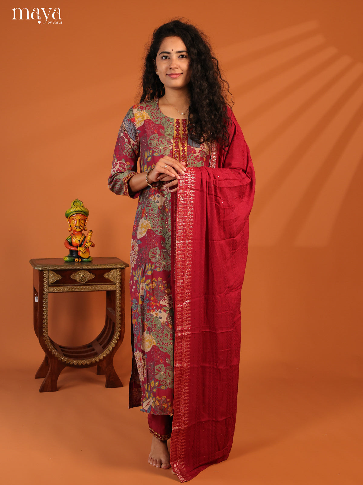 Maroon Linen Cotton 3Pc Salwar Suit With Floral Print - Top, Bottom & Dupatta - Shop on Shrus.com