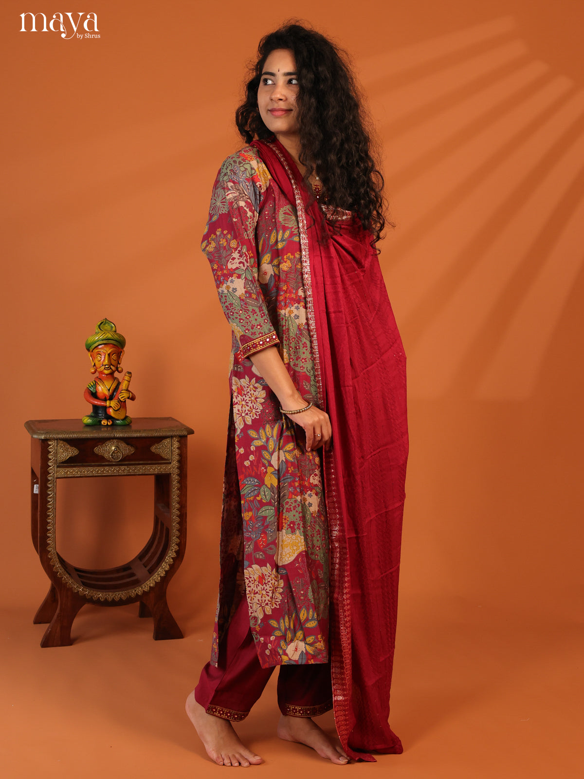 Maroon Linen Cotton 3Pc Salwar Suit With Floral Print - Top, Bottom & Dupatta - Shop on Shrus.com