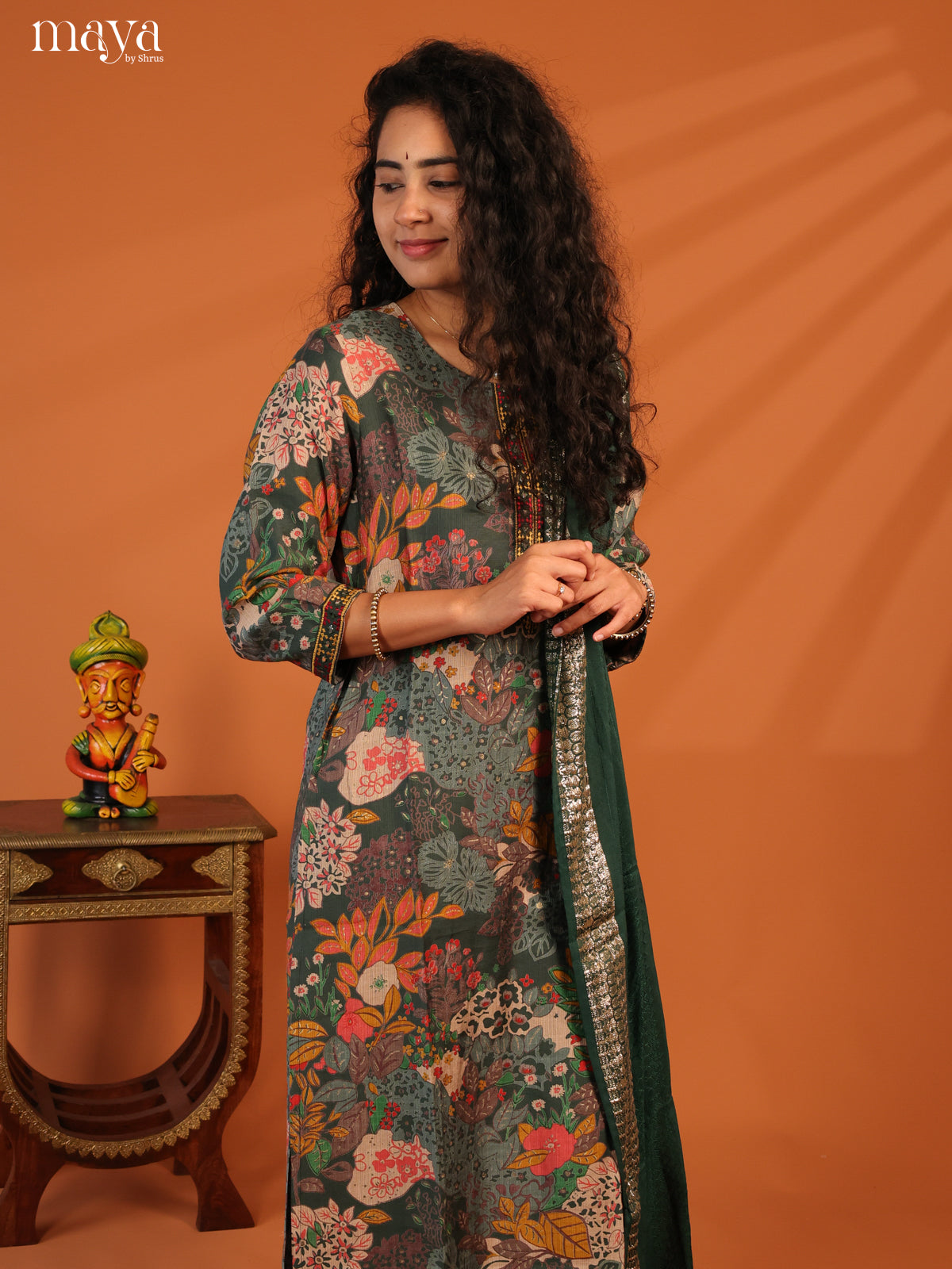 Green Linen Cotton 3Pc Salwar Suit With Floral Print - Top, Bottom & Dupatta - Shop on Shrus.com