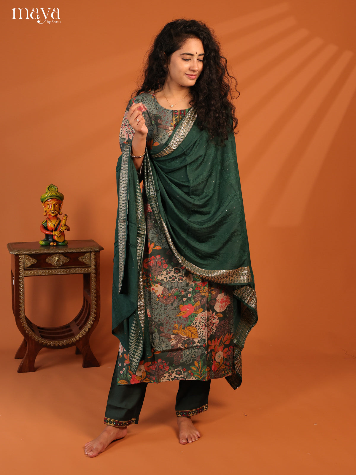 Green Linen Cotton 3Pc Salwar Suit With Floral Print - Top, Bottom & Dupatta - Shop on Shrus.com