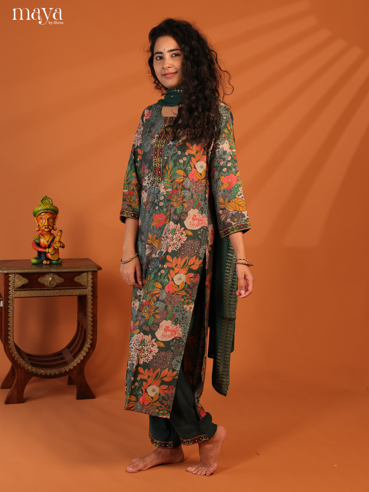 Green Linen Cotton 3Pc Salwar Suit With Floral Print - Top, Bottom & Dupatta - Shop on Shrus.com