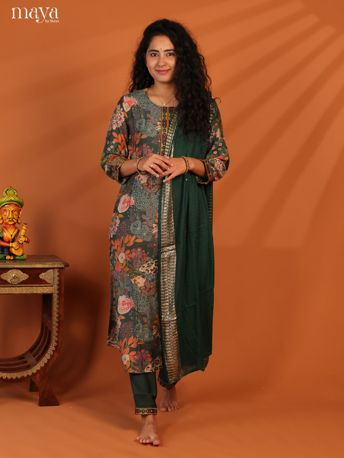Green Linen Cotton 3Pc Salwar Suit With Floral Print - Top, Bottom & Dupatta - Shop on Shrus.com