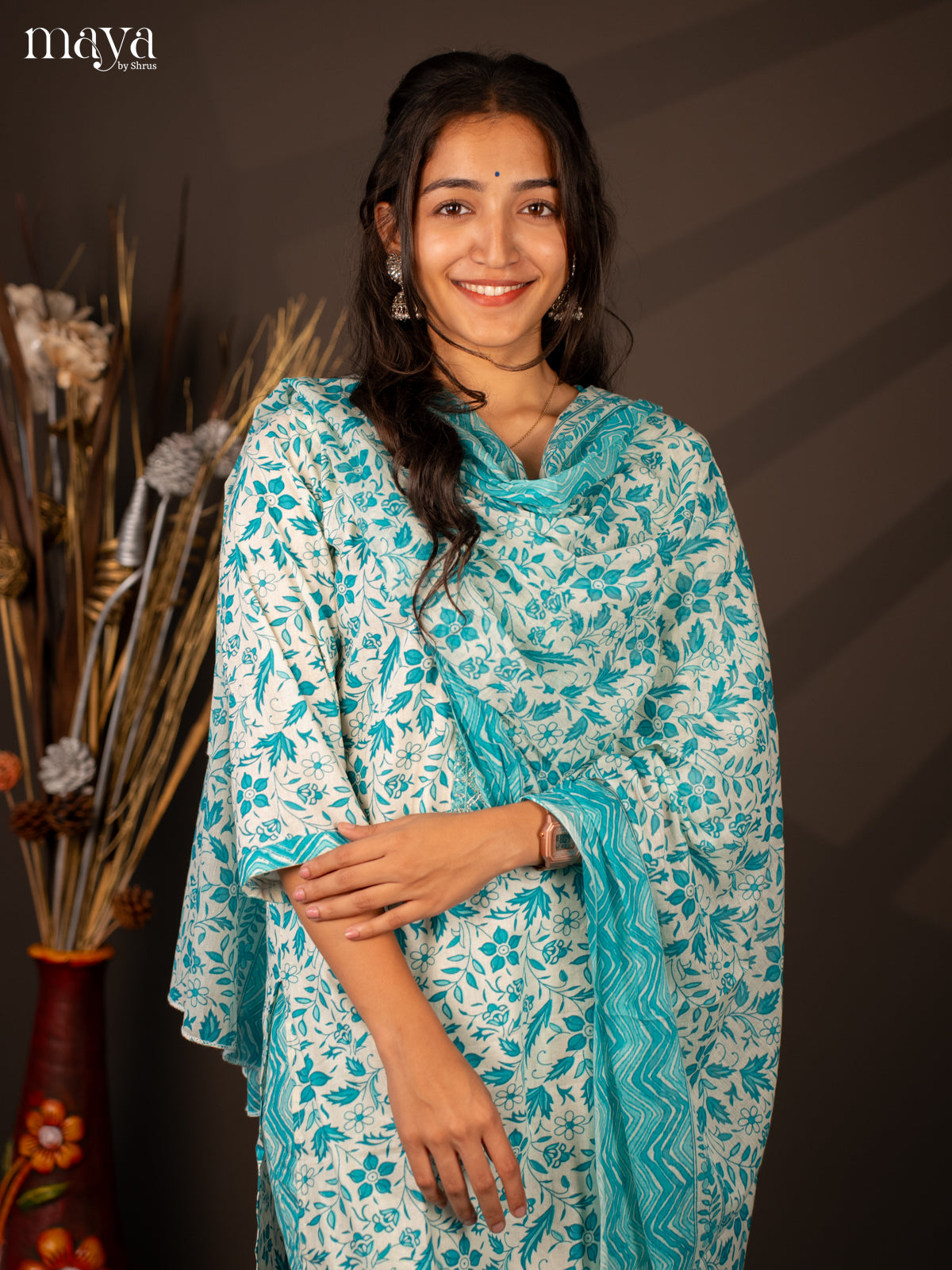 Cream Cotton 3Pc Salwar Suit With Floral Print - Top , Bottom & Dupatta - Shop on Shrus.com