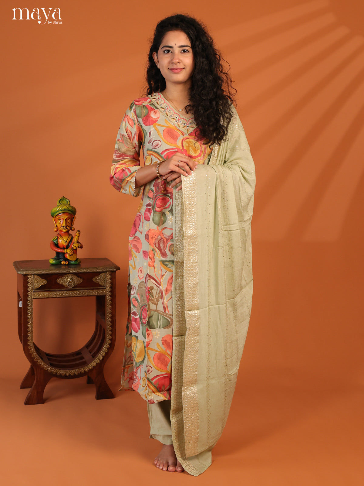 Green Linen Cotton 3Pc Salwar Suit With Floral Print - Top, Bottom & Dupatta - Shop on Shrus.com