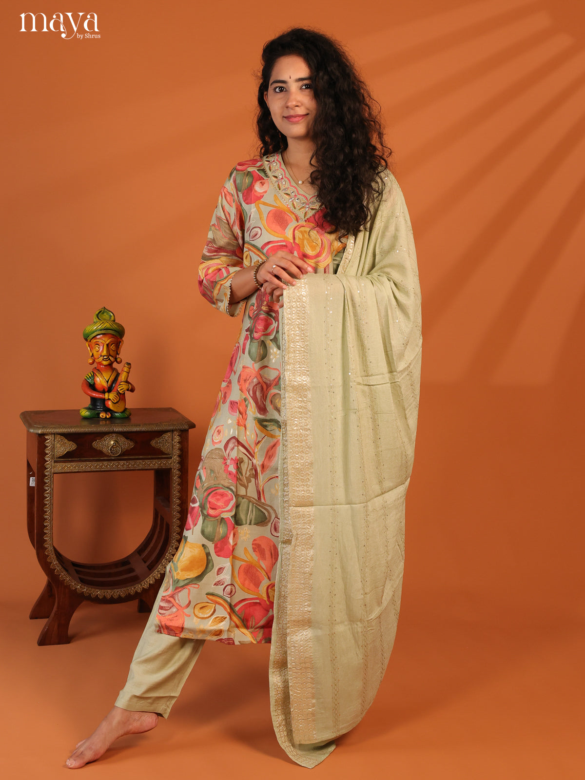 Green Linen Cotton 3Pc Salwar Suit With Floral Print - Top, Bottom & Dupatta - Shop on Shrus.com