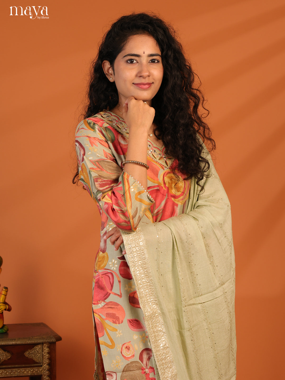 Green Linen Cotton 3Pc Salwar Suit With Floral Print - Top, Bottom & Dupatta - Shop on Shrus.com