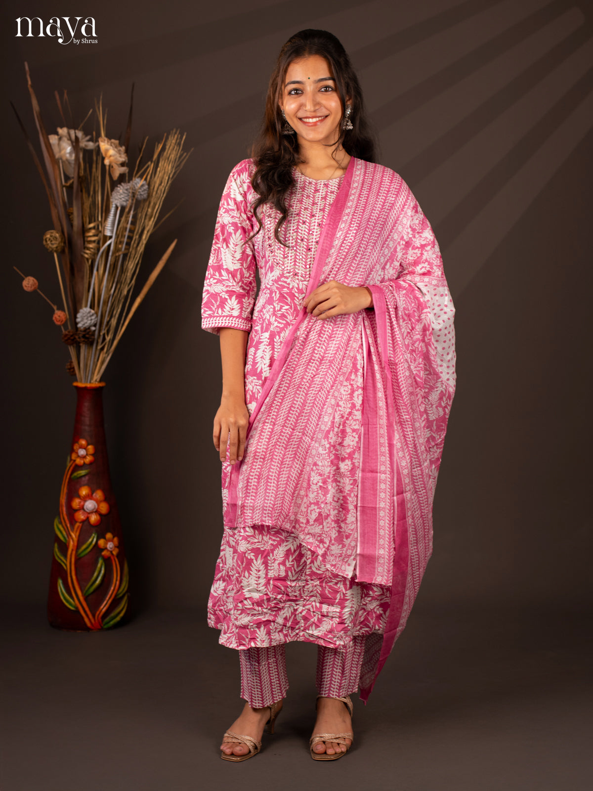 Pink Cotton 3Pc Salwar Suit With Floral Print - Top, Bottom & Dupatta - Shop on Shrus.com