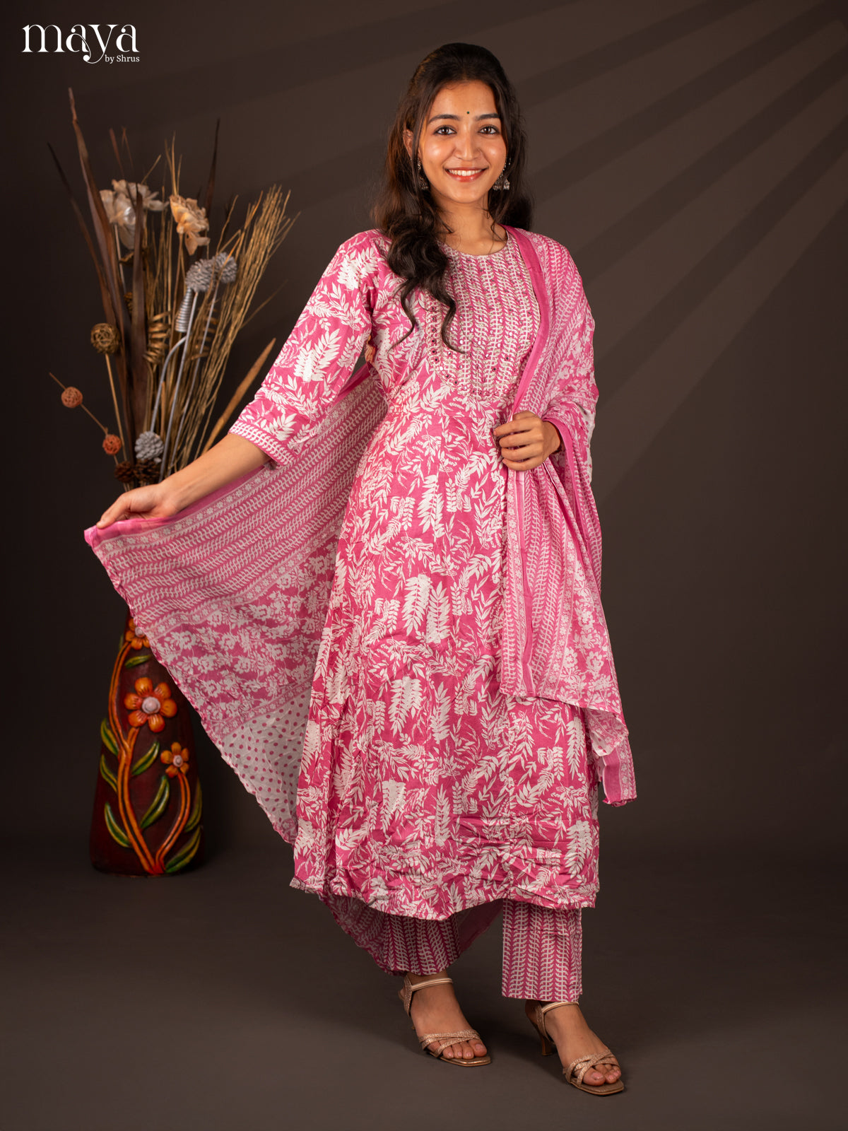 Pink Cotton 3Pc Salwar Suit With Floral Print - Top, Bottom & Dupatta - Shop on Shrus.com