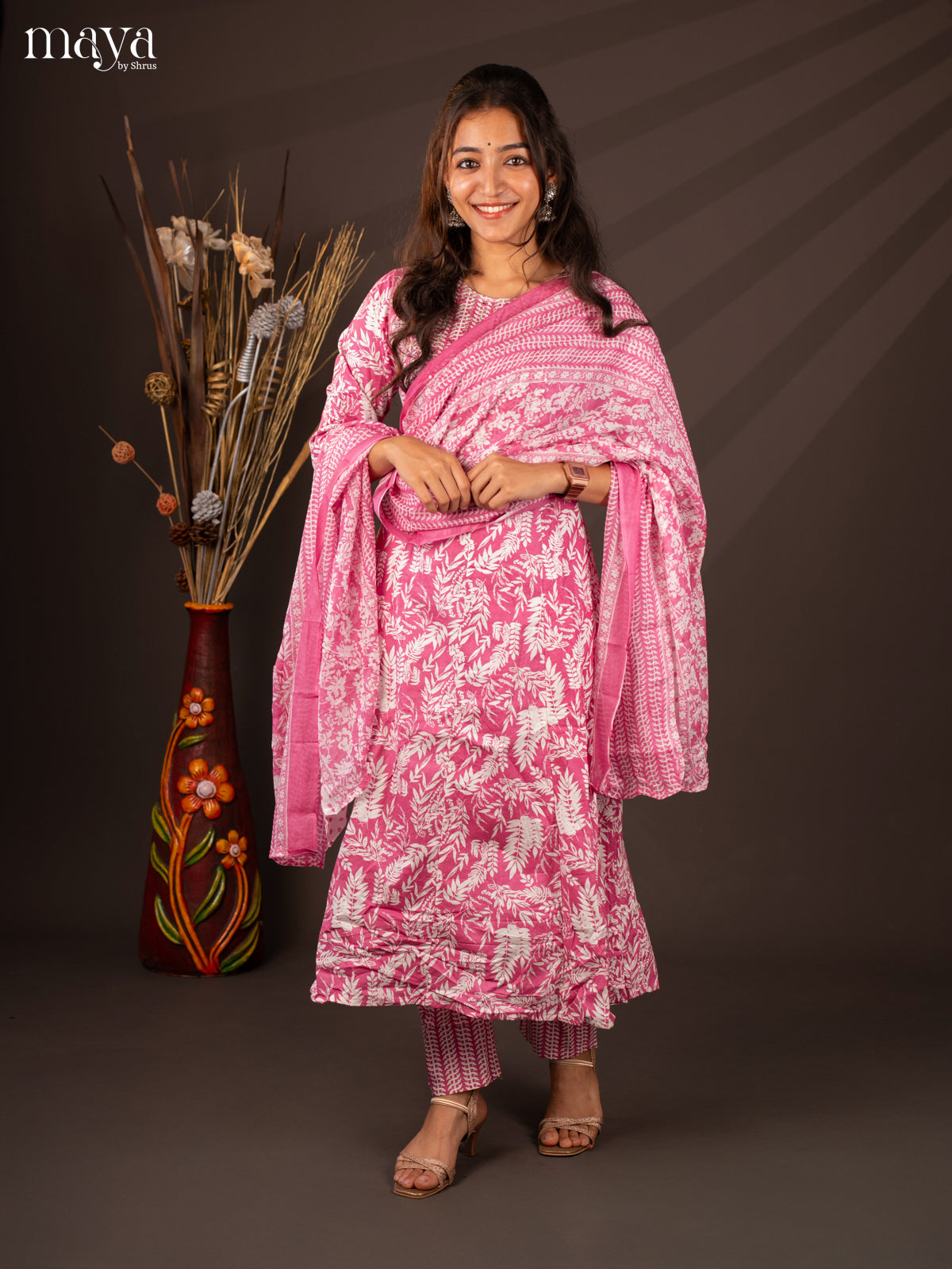Pink Cotton 3Pc Salwar Suit With Floral Print - Top, Bottom & Dupatta - Shop on Shrus.com
