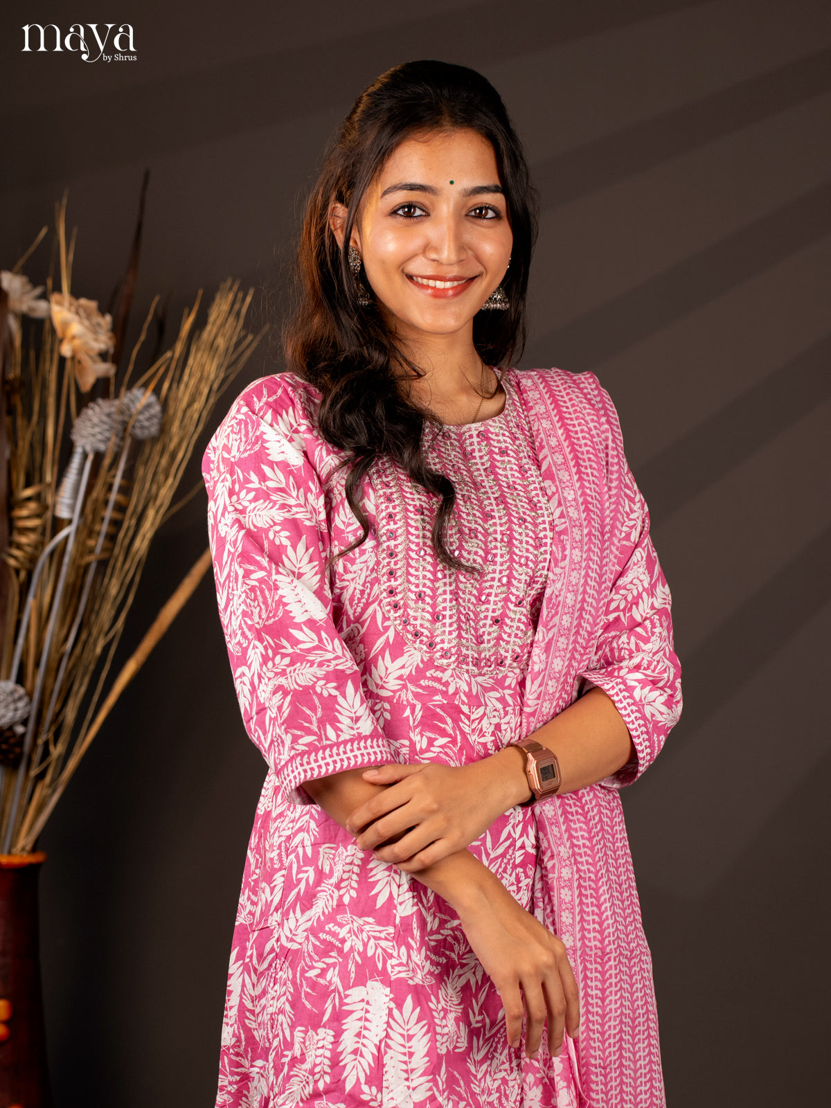 Pink Cotton 3Pc Salwar Suit With Floral Print - Top, Bottom & Dupatta - Shop on Shrus.com