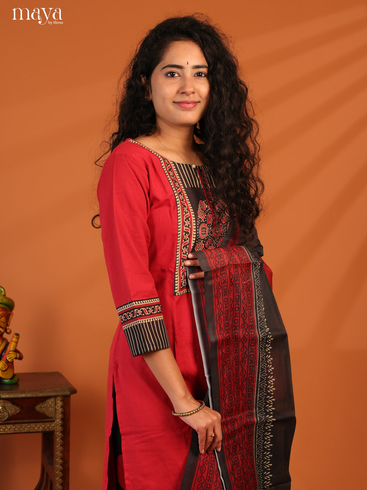 Red Cotton 3Pc Salwar Suit with Ajrakh Print- Top, Bottom & Dupatta - Shop on Shrus.com