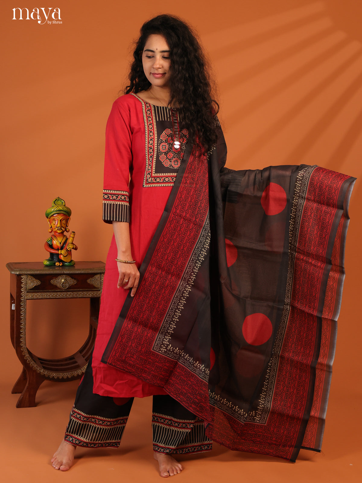 Red Cotton 3Pc Salwar Suit with Ajrakh Print- Top, Bottom & Dupatta - Shop on Shrus.com