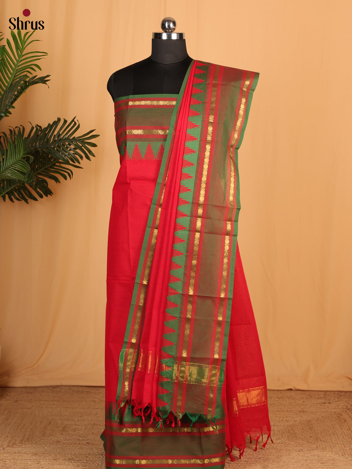 Red with Green Chettinad Cotton Top & Dupatta- MCL28064 - Shop on Shrus.com