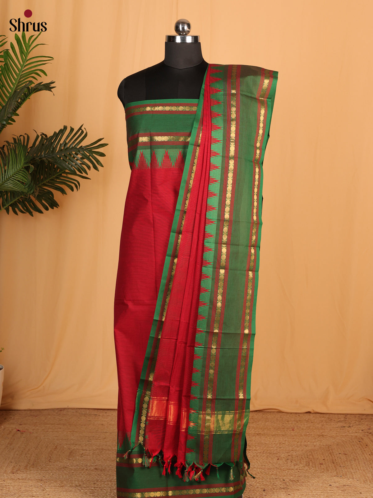 Red & Green Chettinad Cotton Unstitched Top & Dupatta - MCL28066 - Shop on Shrus.com