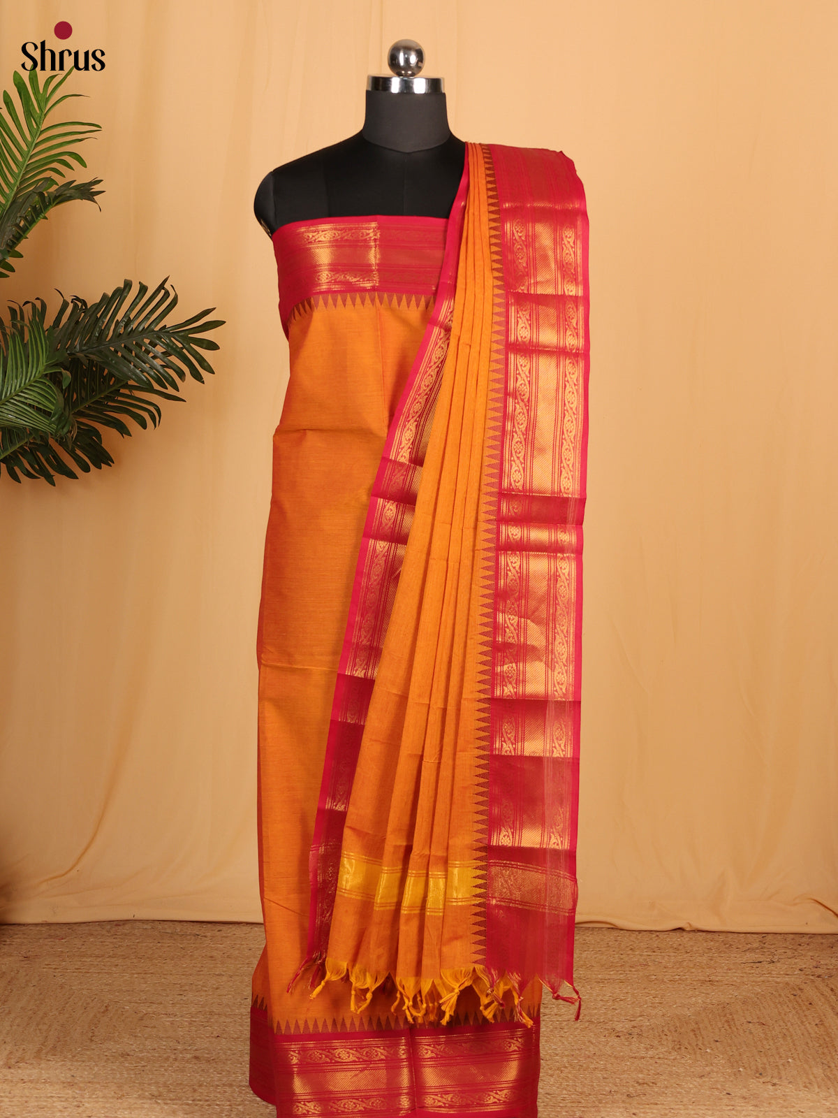 Mustard with Maroon Chettinad Cotton Top & Dupatta- MCL28069 - Shop on Shrus.com