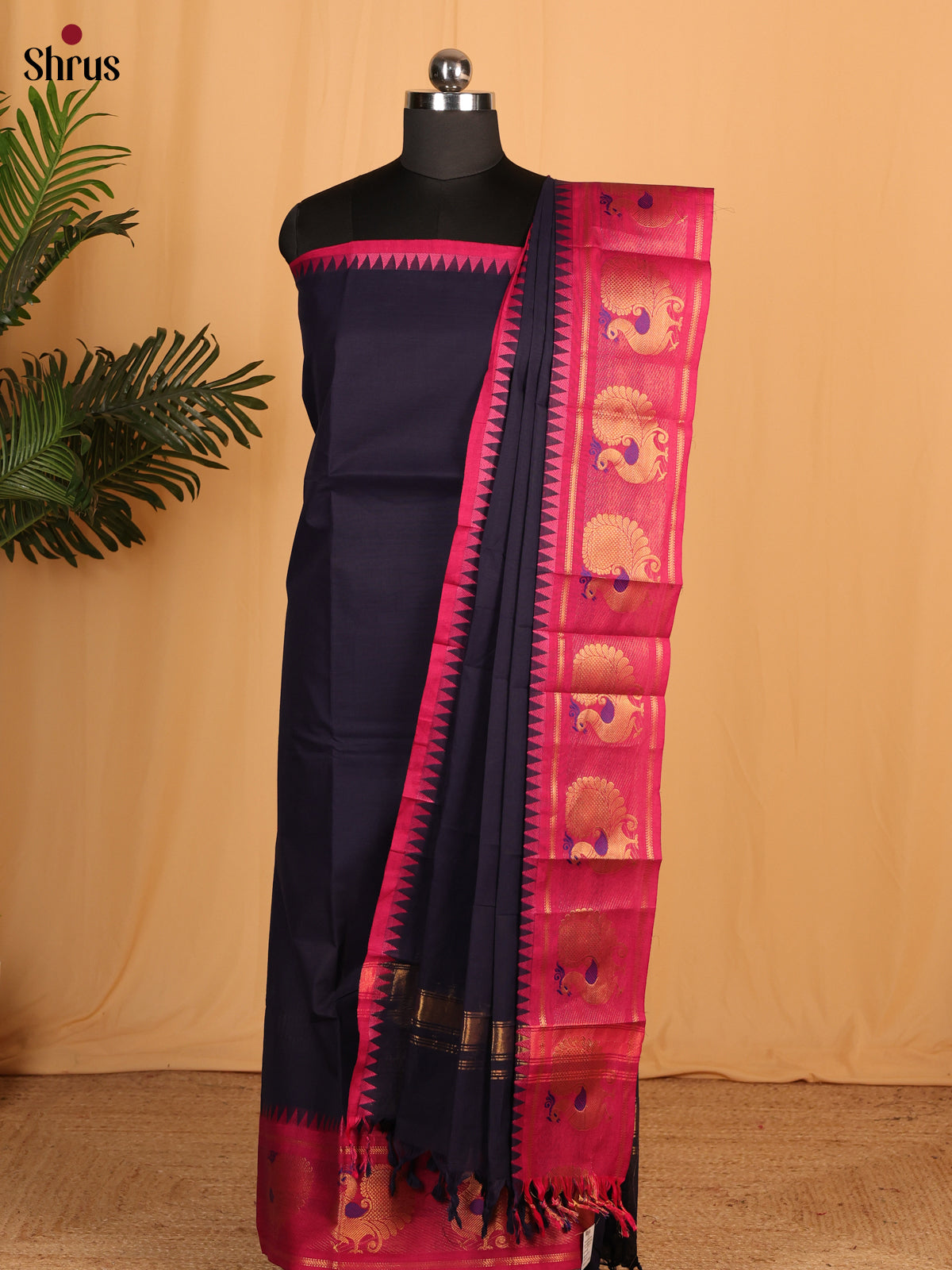 Blue with Pink Chettinad Cotton Unstitched Suit Set - Shop on Shrus.com