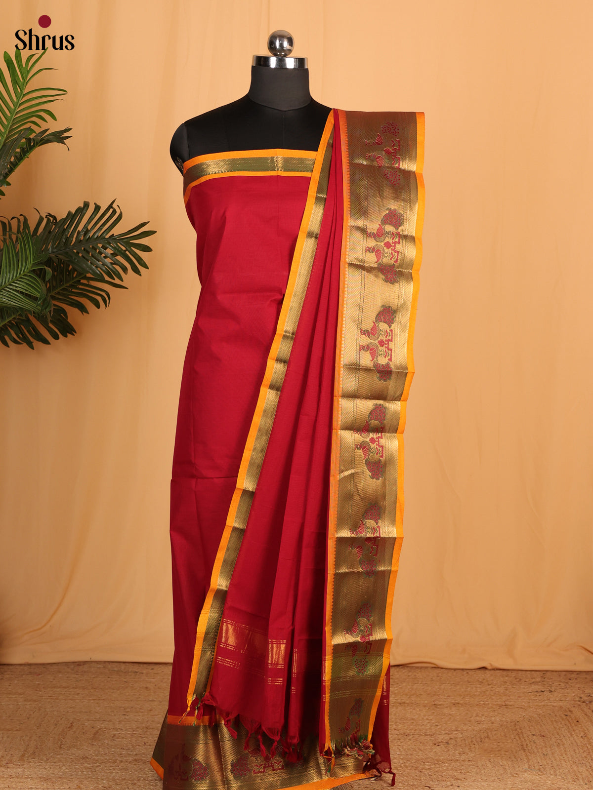 Maroon with Mustard Chettinad Cotton Top & Dupatta- MCL28073 - Shop on Shrus.com