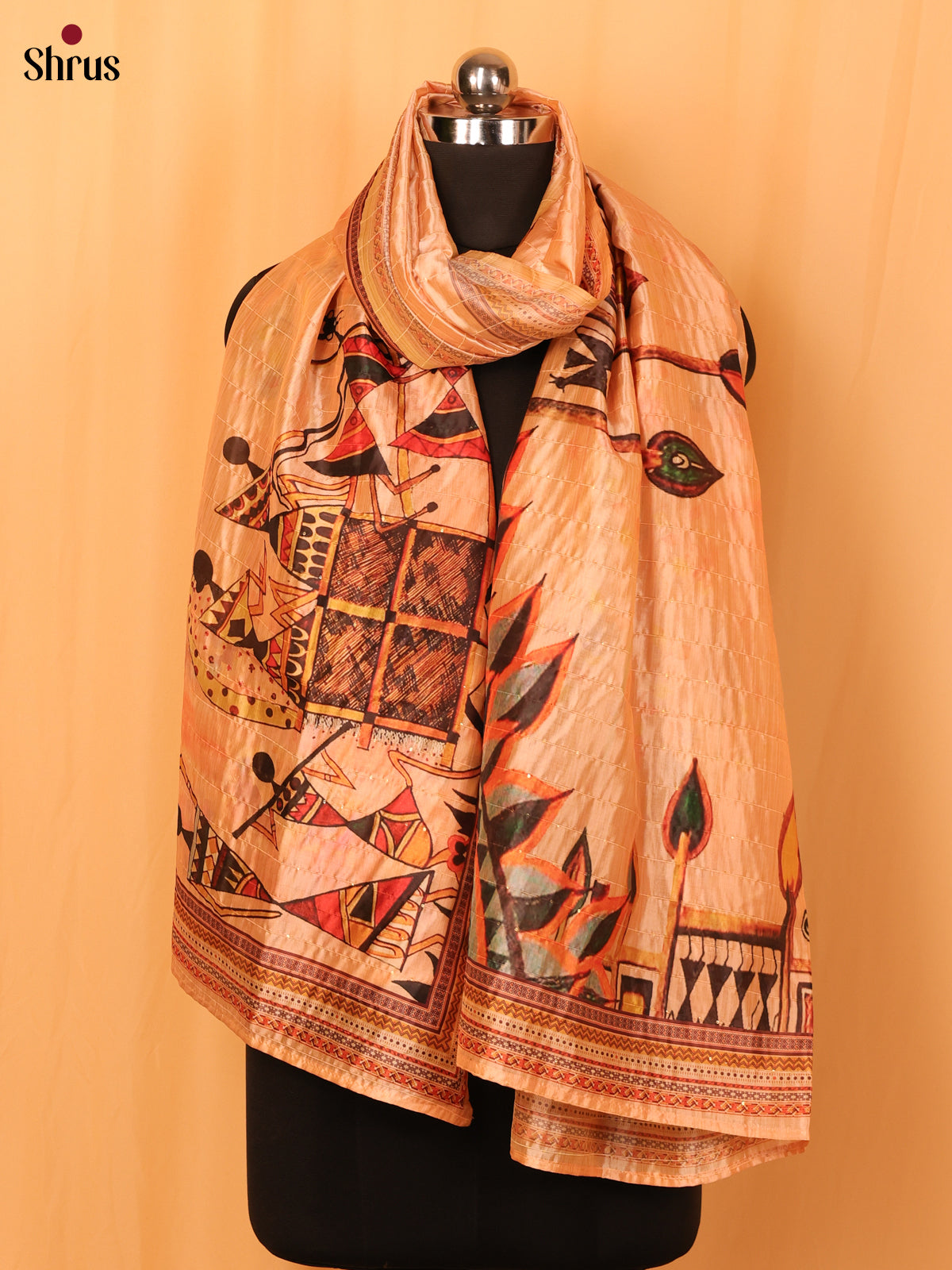 11A Peach Warli Print Semi Silk Dupatta - MCL28077 - Shop on Shrus.com