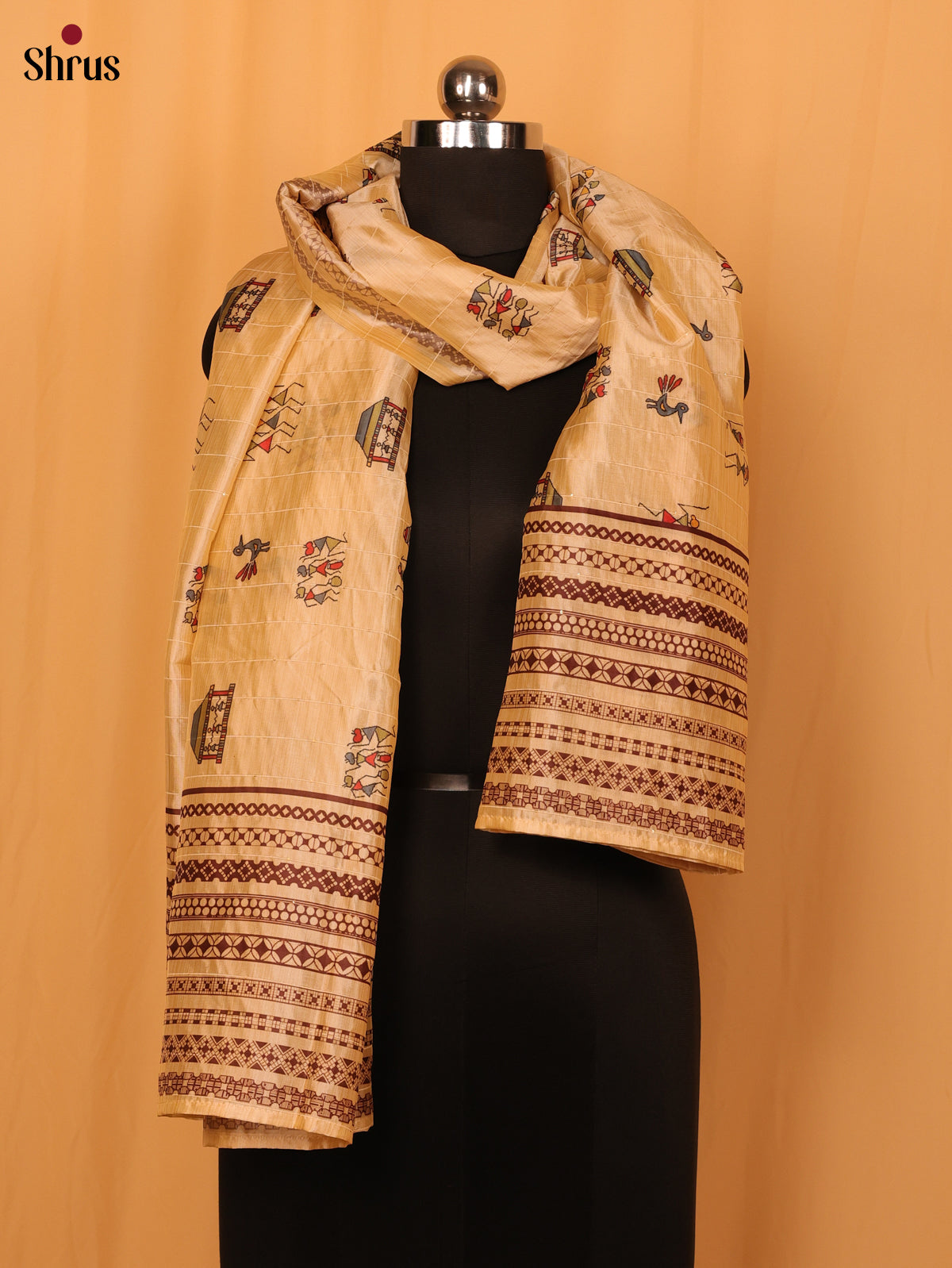 Cream Warli Print Semi Silk Dupatta - MCL28079 - Shop on Shrus.com