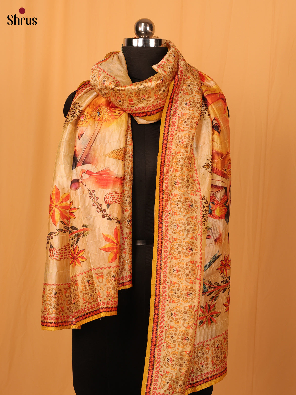 Cream Digitial Print Semi Silk Dupatta - MCL28113 - Shop on Shrus.com