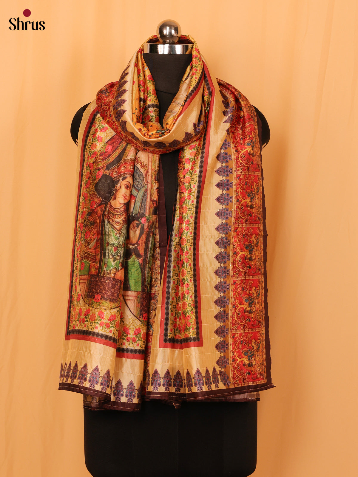 Multi Colour Mughal Print Semi Silk Dupatta - MCL28116 - Shop on Shrus.com