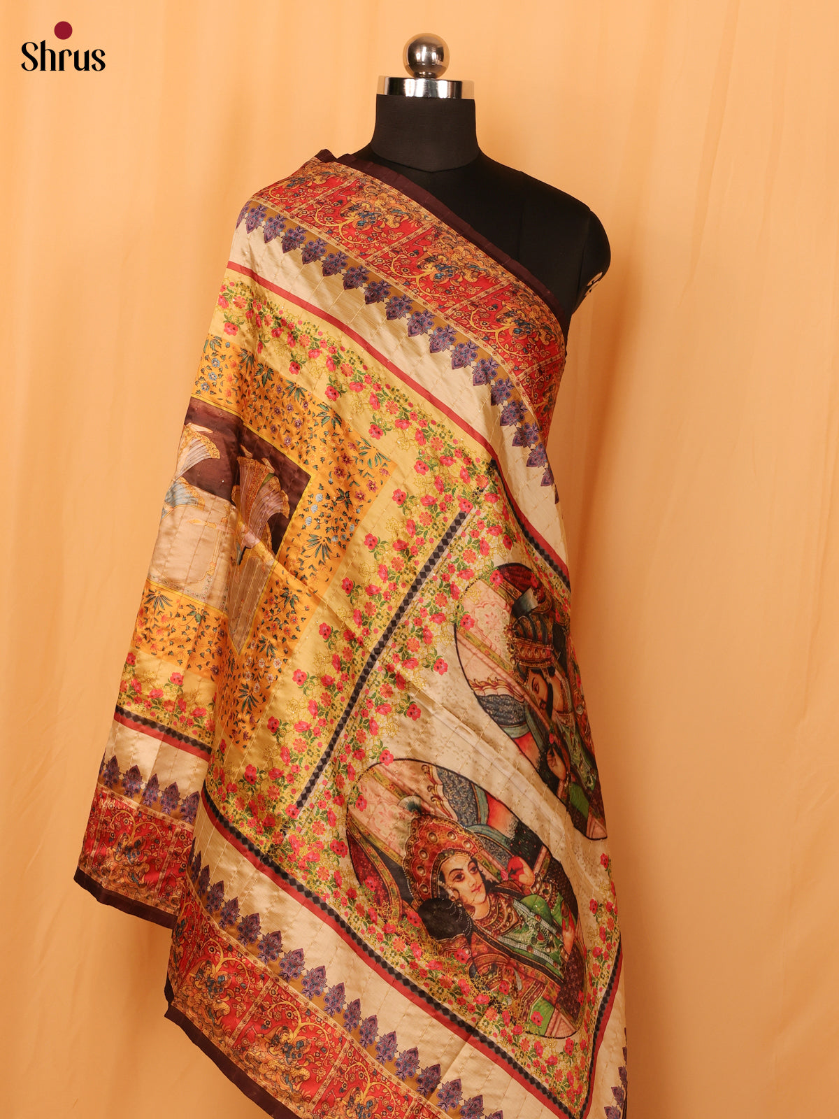 Multi Colour Mughal Print Semi Silk Dupatta - MCL28116 - Shop on Shrus.com