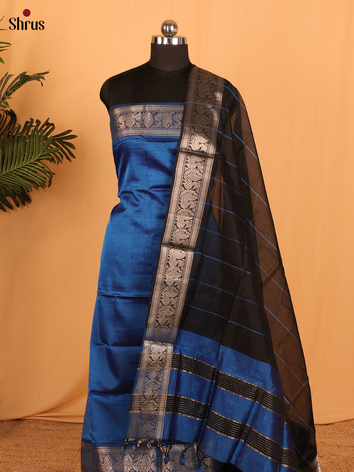 Blue with Black Mangalagiri Cotton Unstitched Suit Set - Shop on Shrus.com