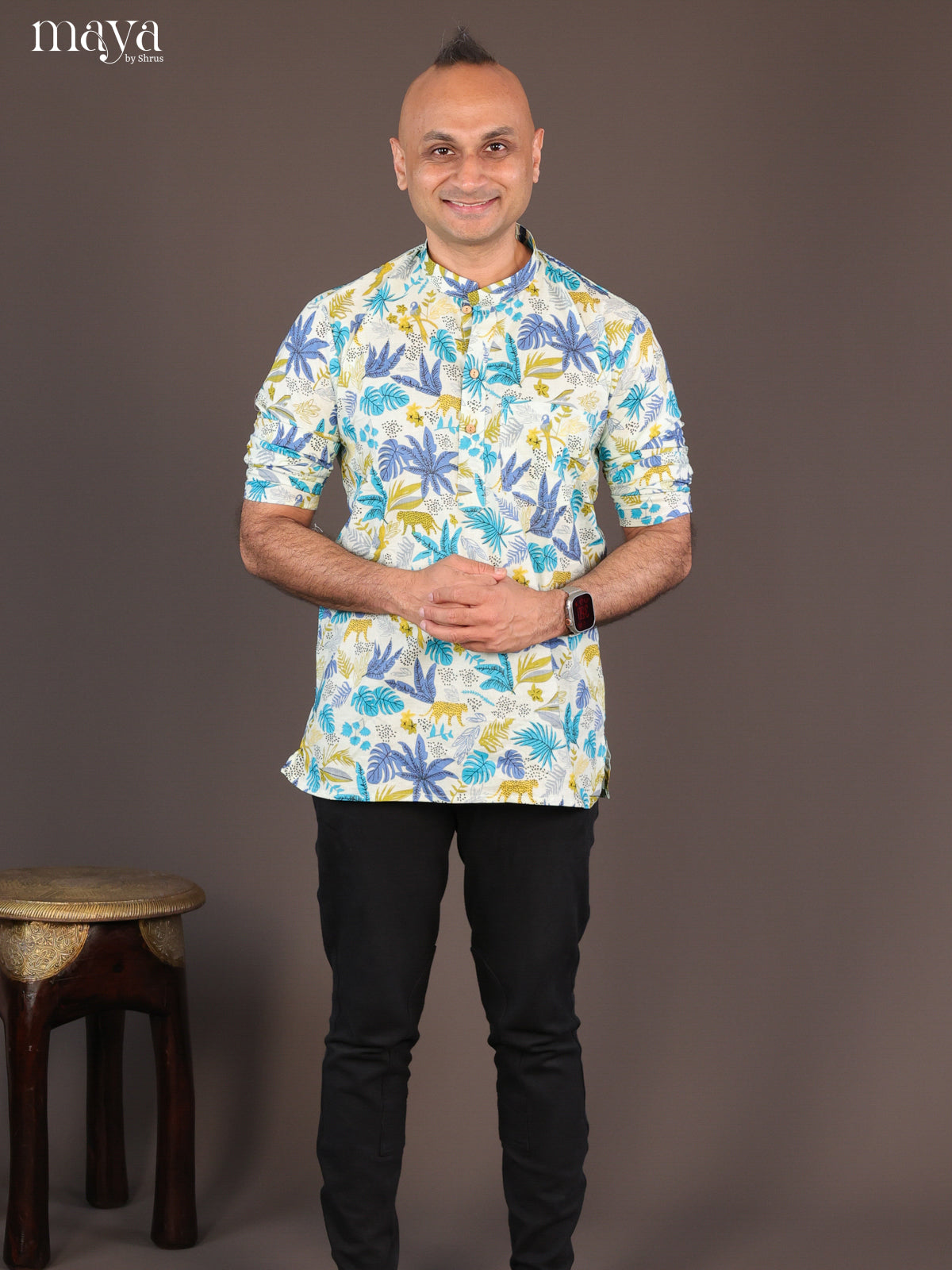 Cream Cotton Digital Printed Short Men Kurta - Shop on Shrus.com
