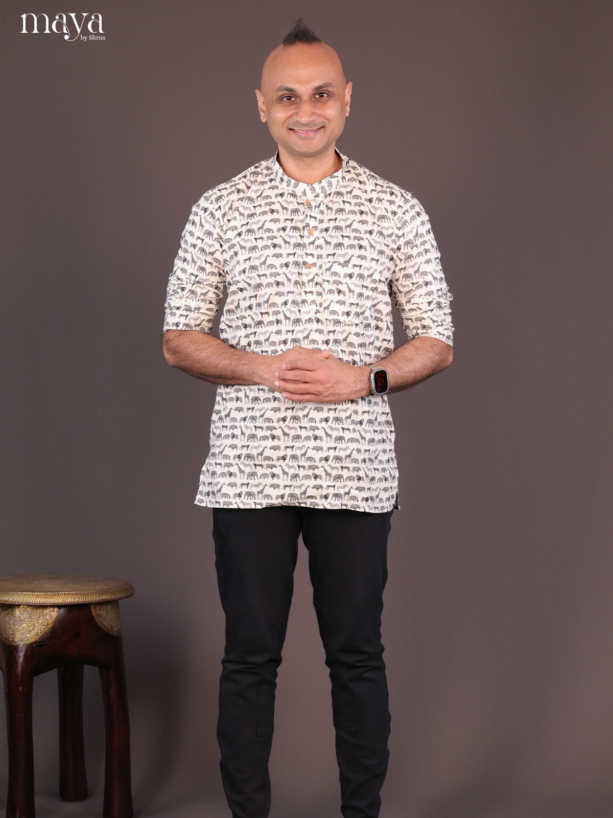 Cream Cotton Animal Printed Short Men Kurta - Shop on Shrus.com