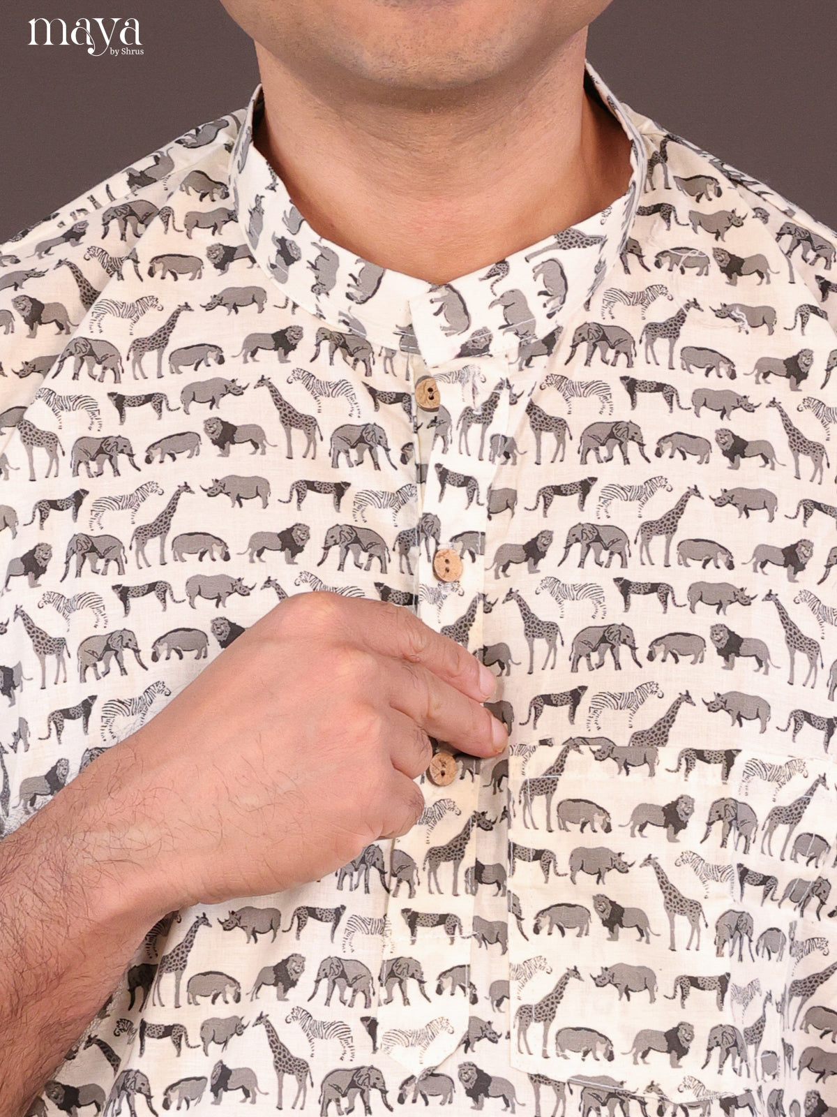 Cream Cotton Animal Printed Short Men Kurta - Shop on Shrus.com