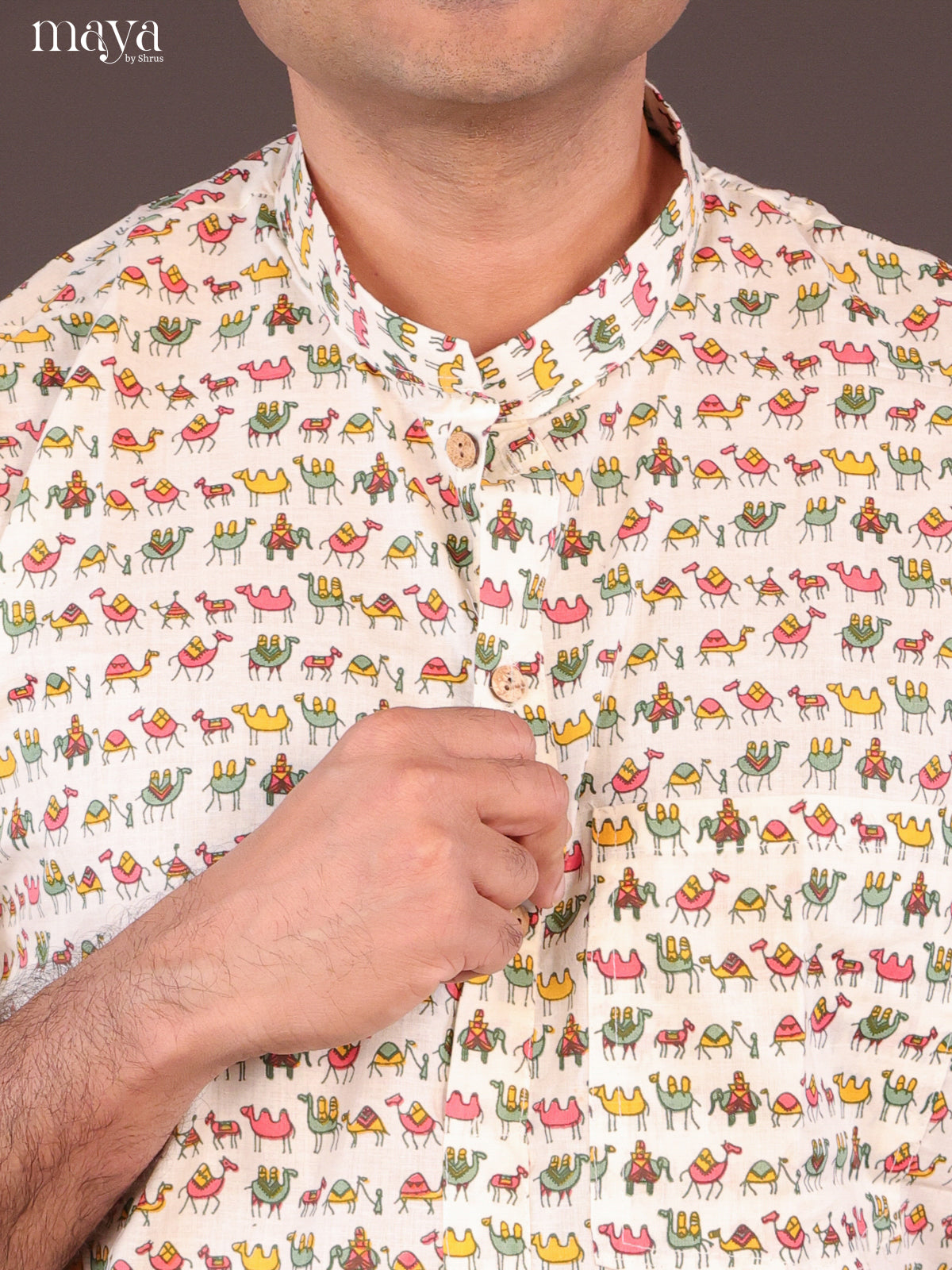 Cream Cotton Block Printed Short Men Kurta - Shop on Shrus.com