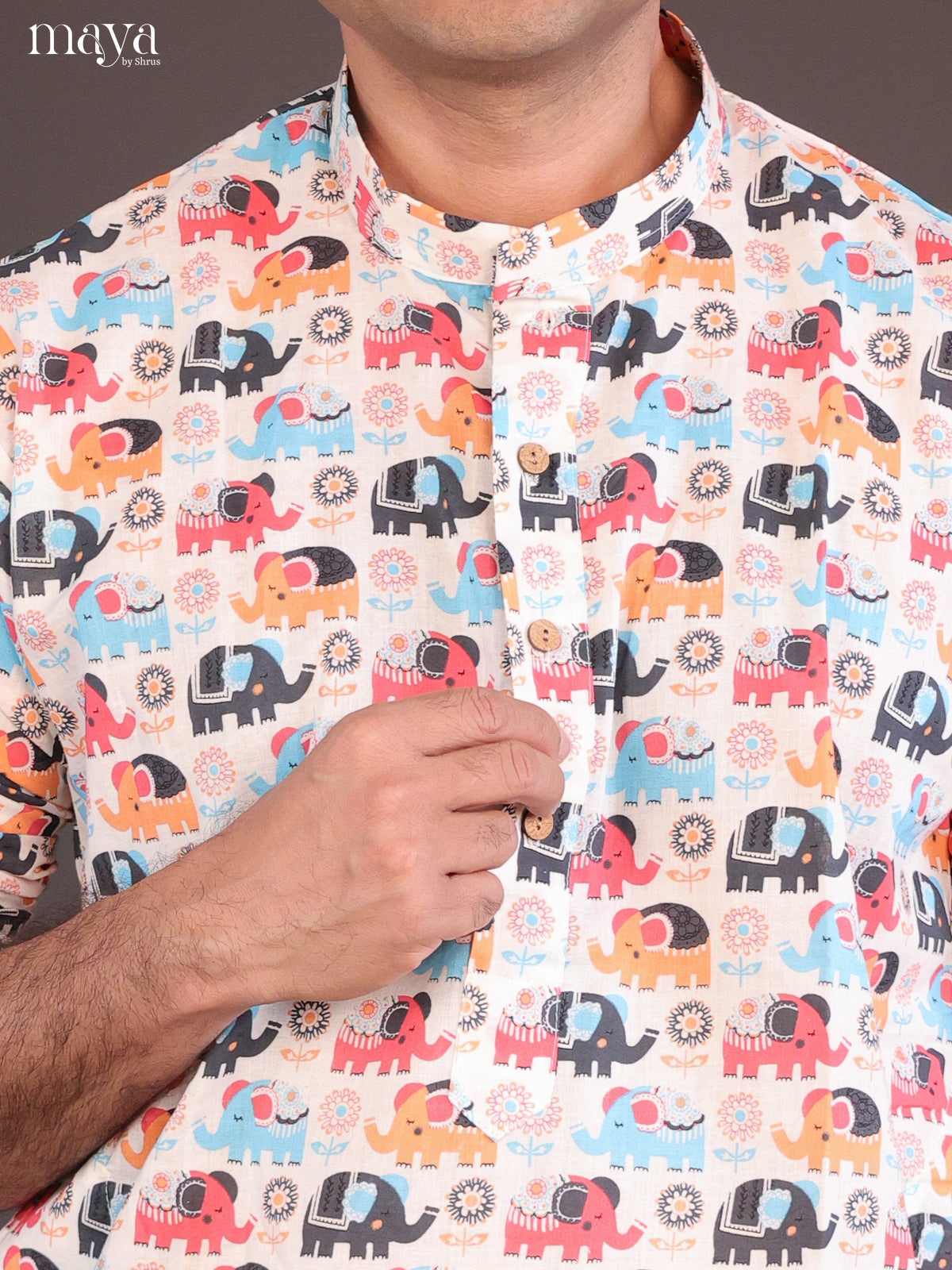 Cream Cotton Elephant Printed Short Men Kurta - Shop on Shrus.com