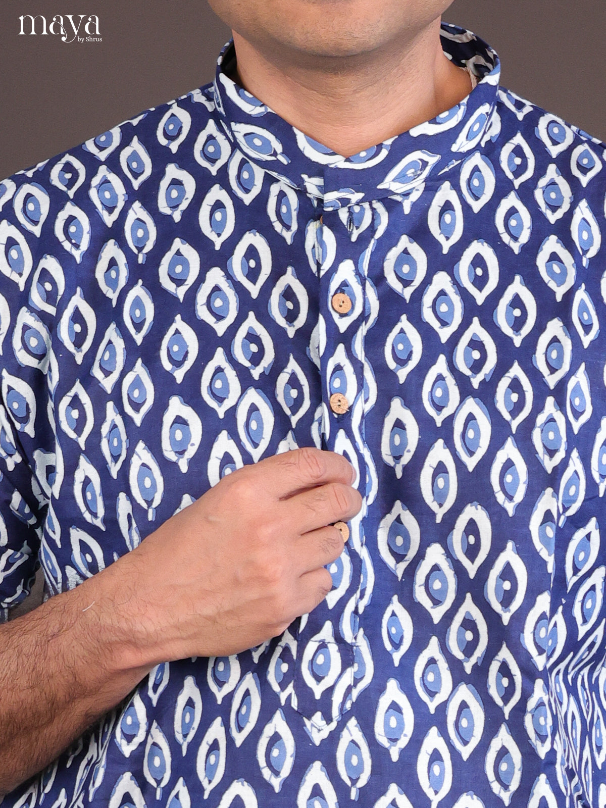 Blue Cotton Block Printed Long Men Kurta - Shop on Shrus.com