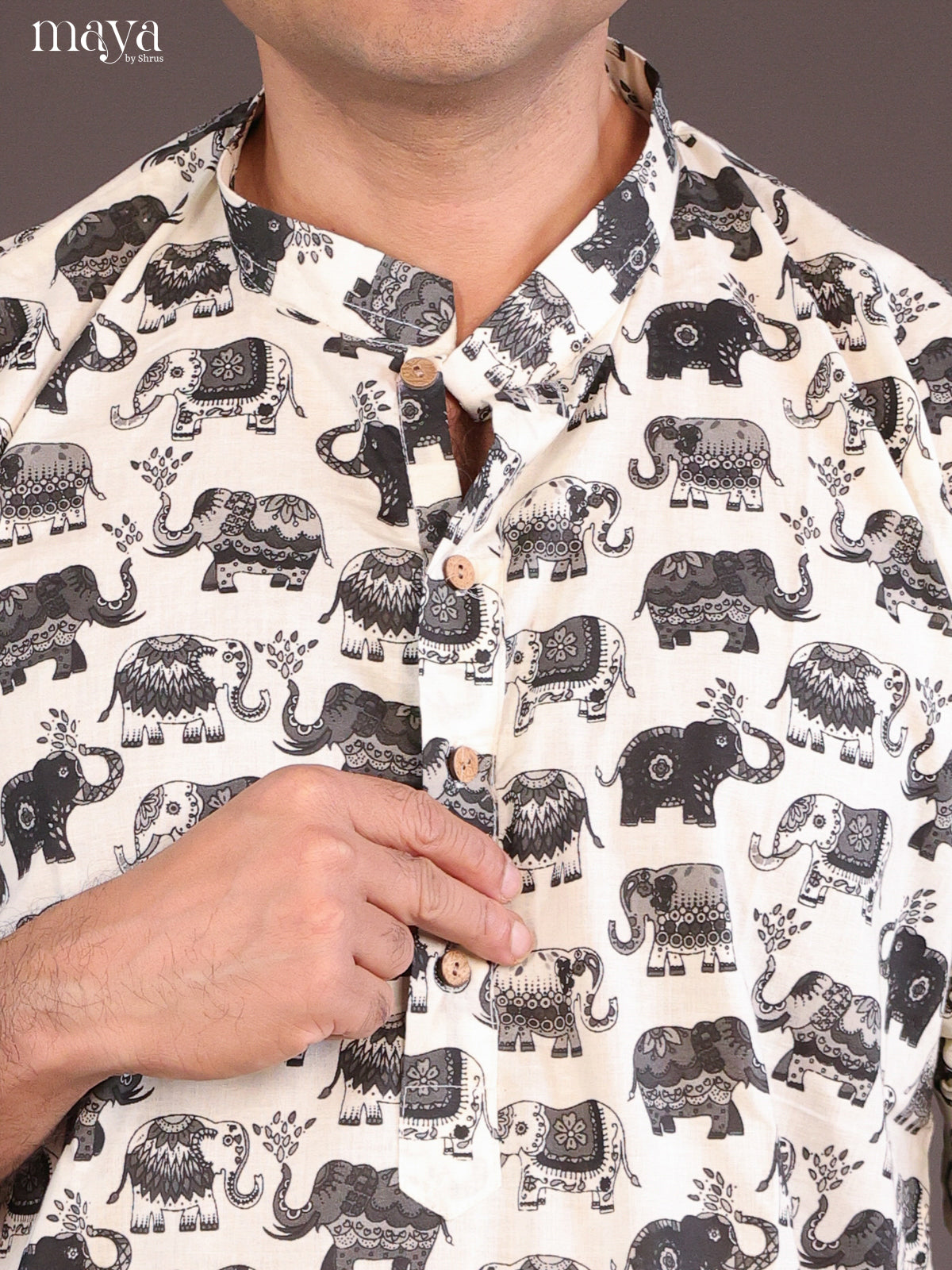 Cream Cotton Elephant Printed Long Men Kurta - Shop on Shrus.com