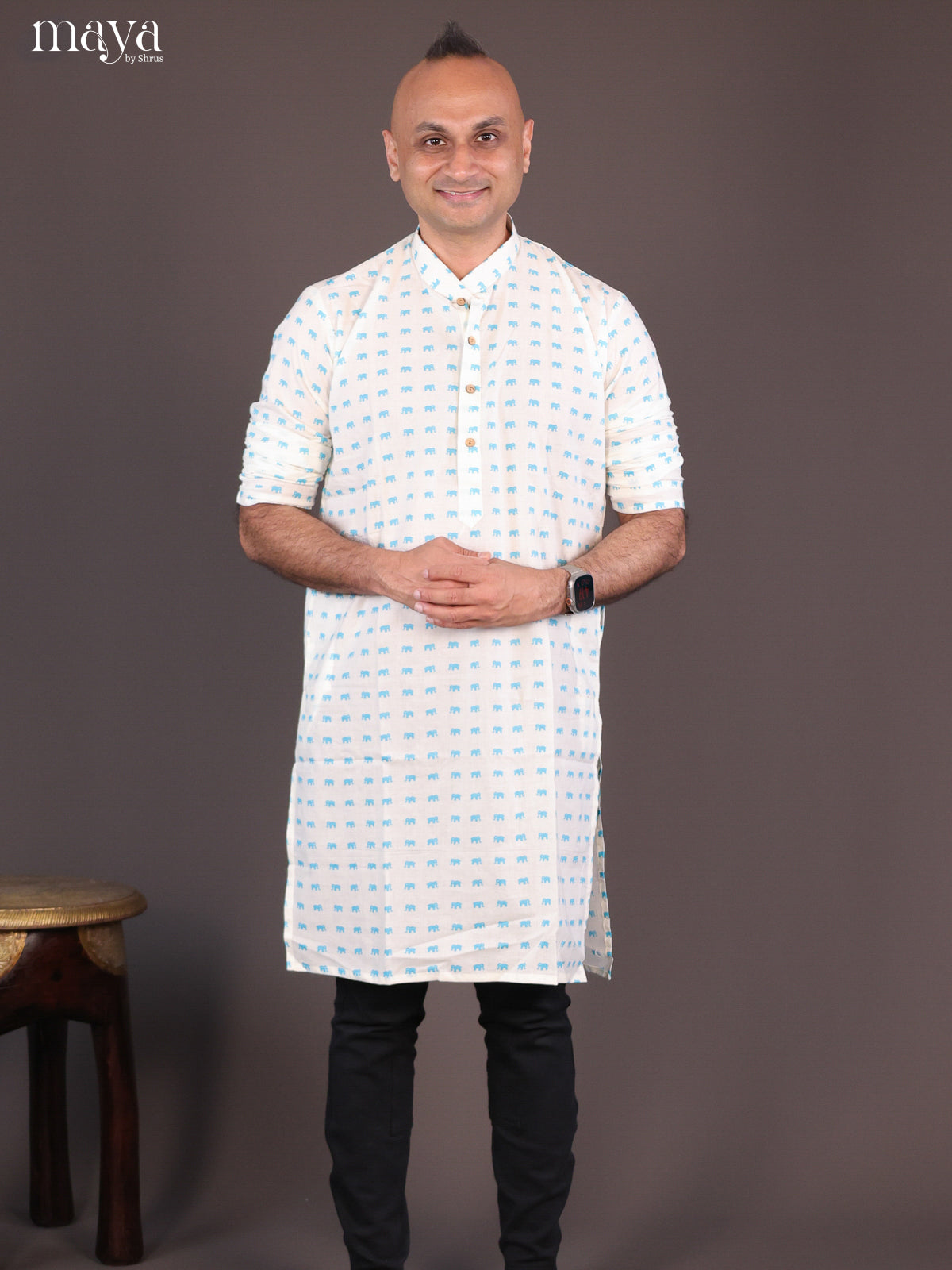 Cream Cotton Elephant Printed Long Men Kurta - Shop on Shrus.com