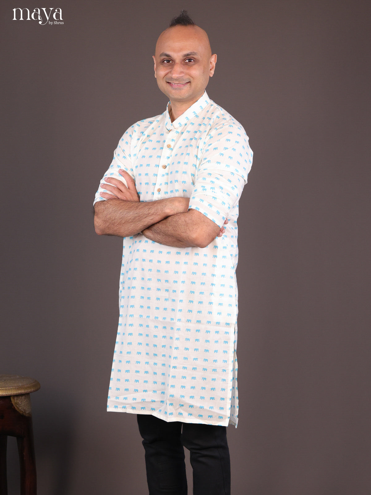 Cream Cotton Elephant Printed Long Men Kurta - Shop on Shrus.com