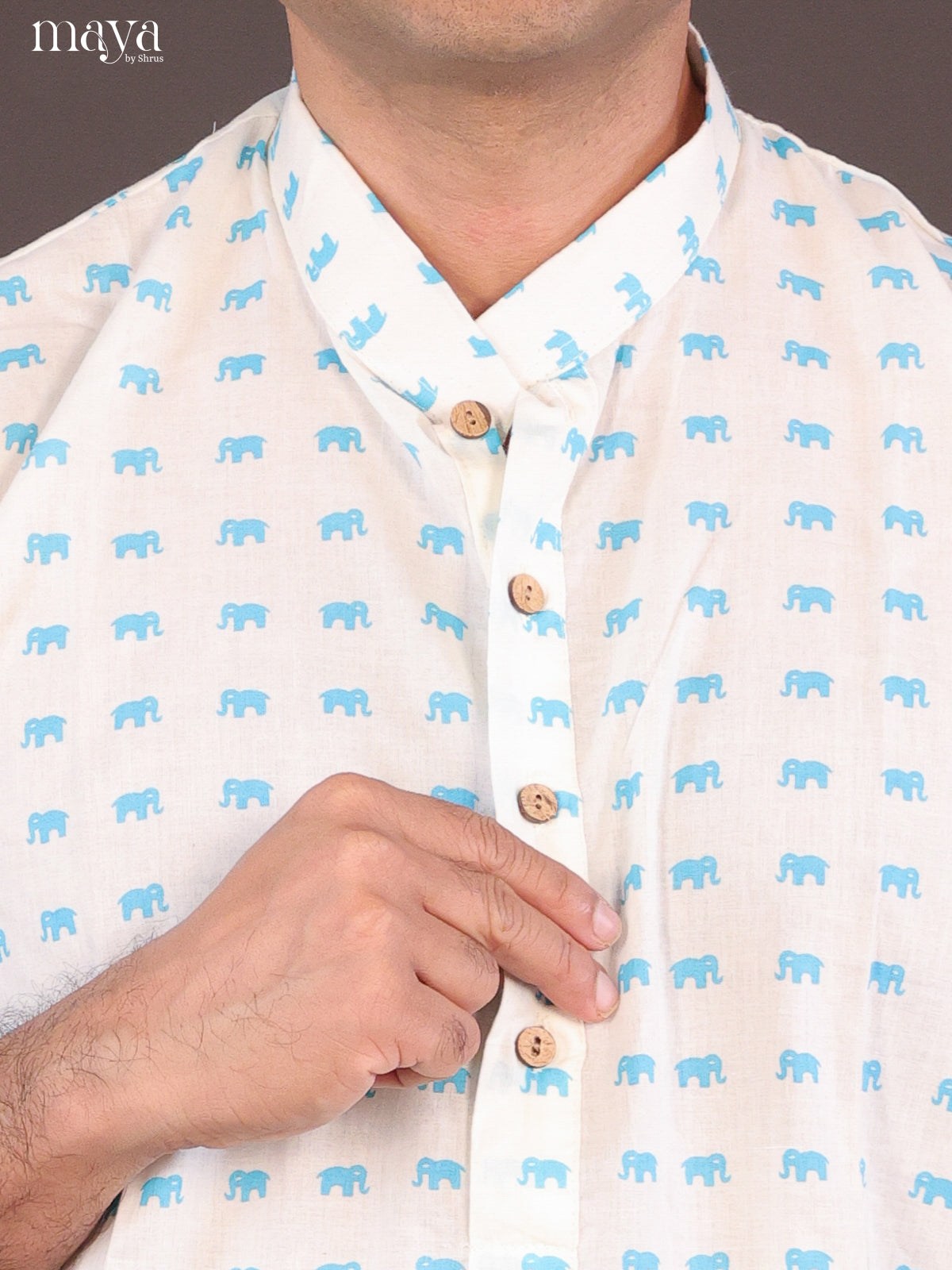 Cream Cotton Elephant Printed Long Men Kurta - Shop on Shrus.com