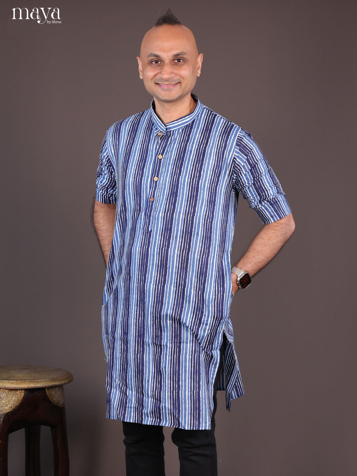 Cream Cotton Block Printed Long Men Kurta - Shop on Shrus.com
