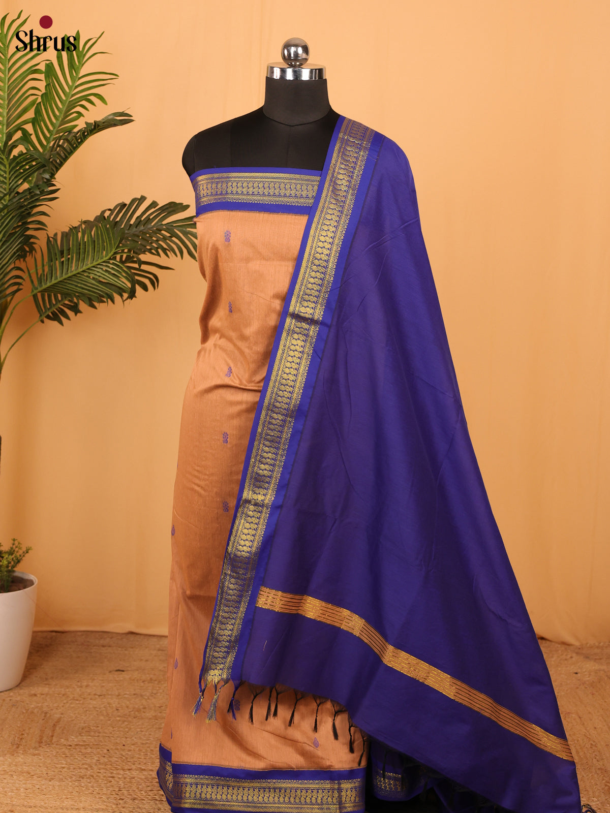 Peach with Blue - Kalyani Cotton unstitched Top & Dupatta- MDA10002 - Shop on Shrus.com