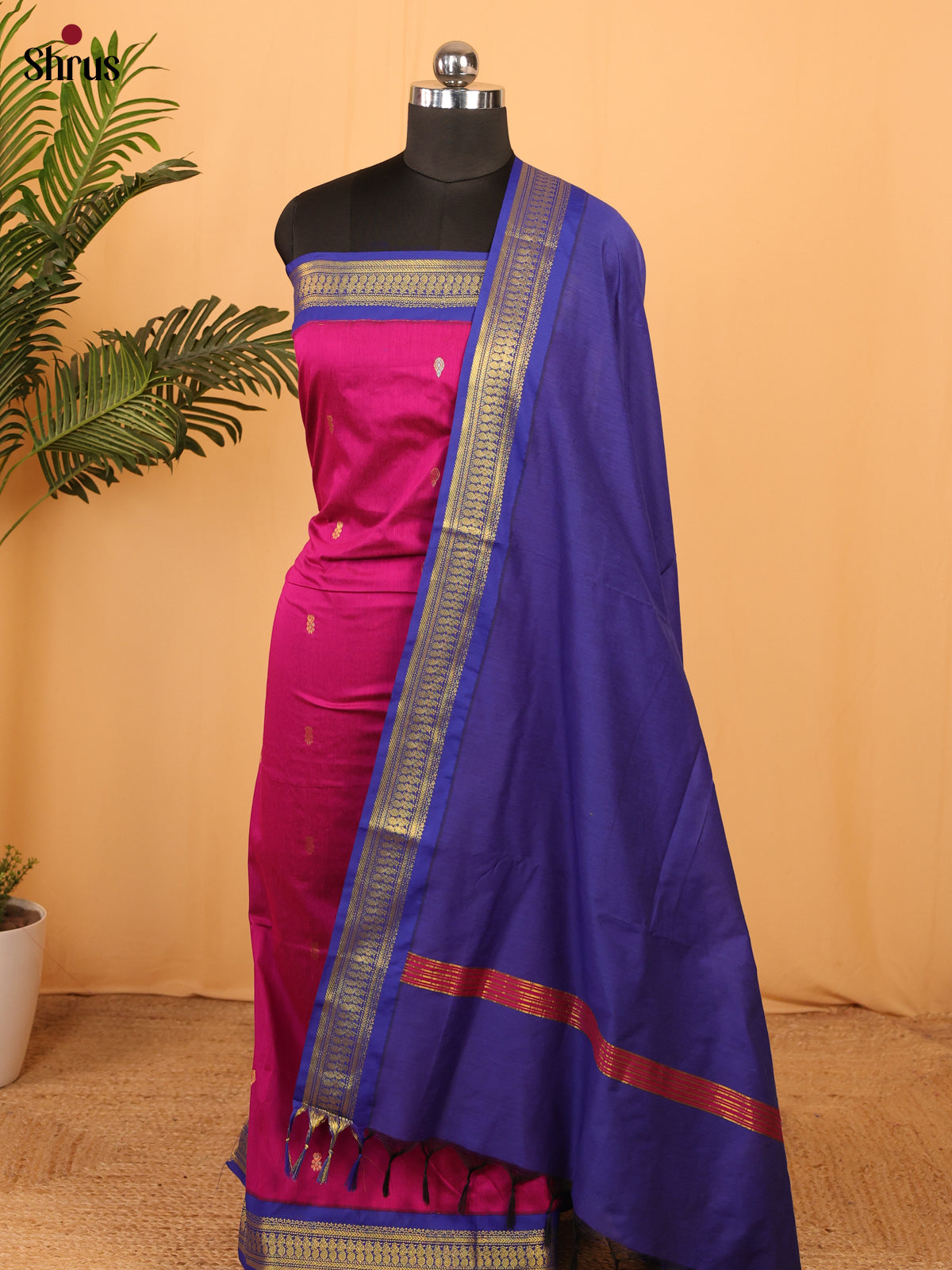 Majenta Pink & Blue - Kalyani Cotton unstitched Top & Dupatta- MDA10005 - Shop on Shrus.com