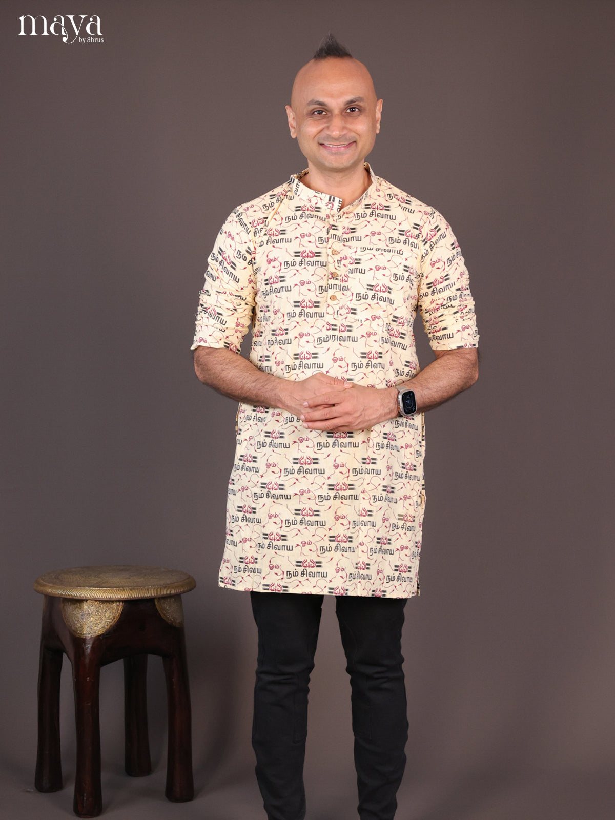 Yellow Cotton Divine Printed Short Men Kurta - Shop on Shrus.com
