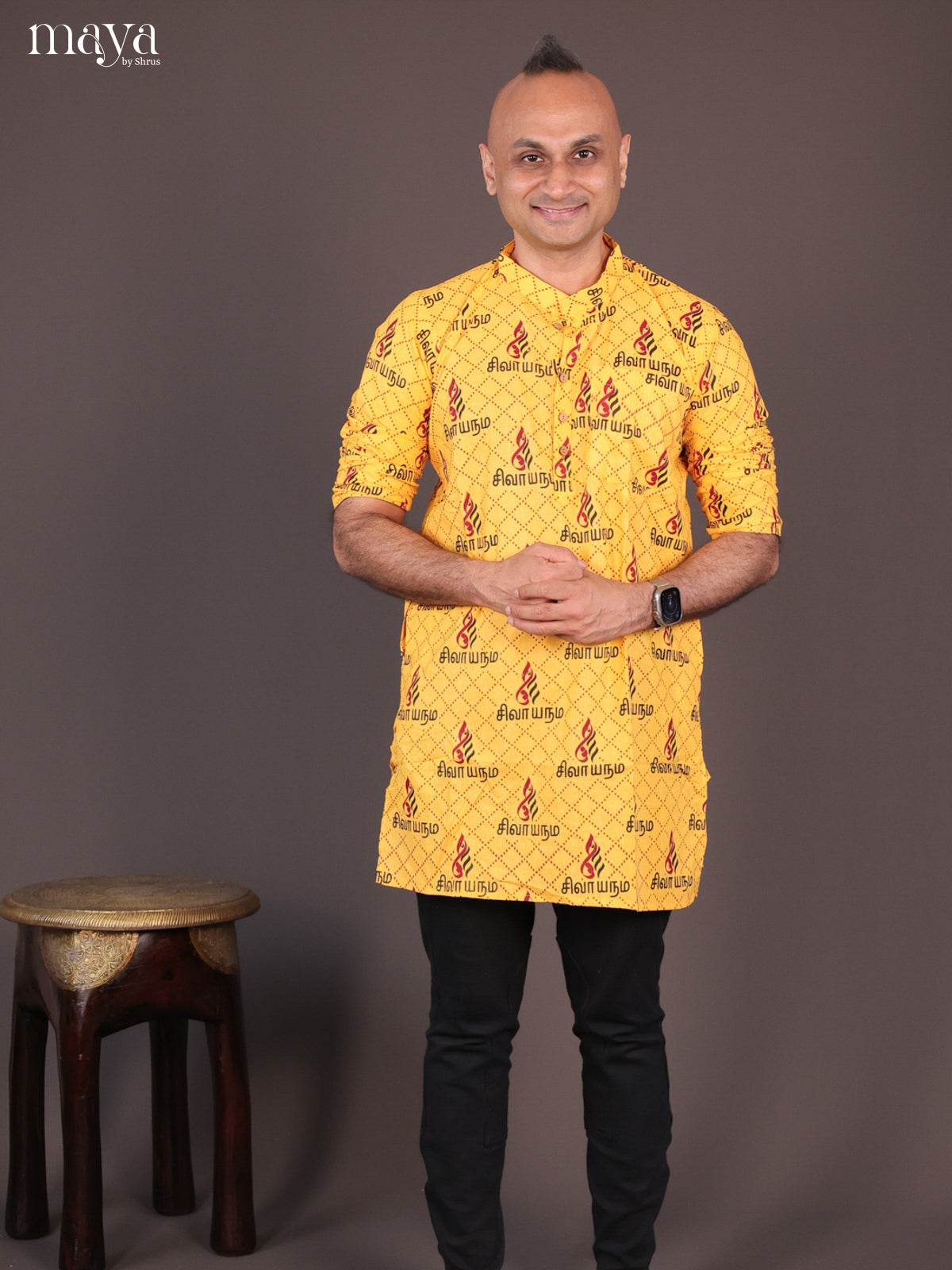 Yellow Cotton Divine Printed Short Men Kurta - Shop on Shrus.com