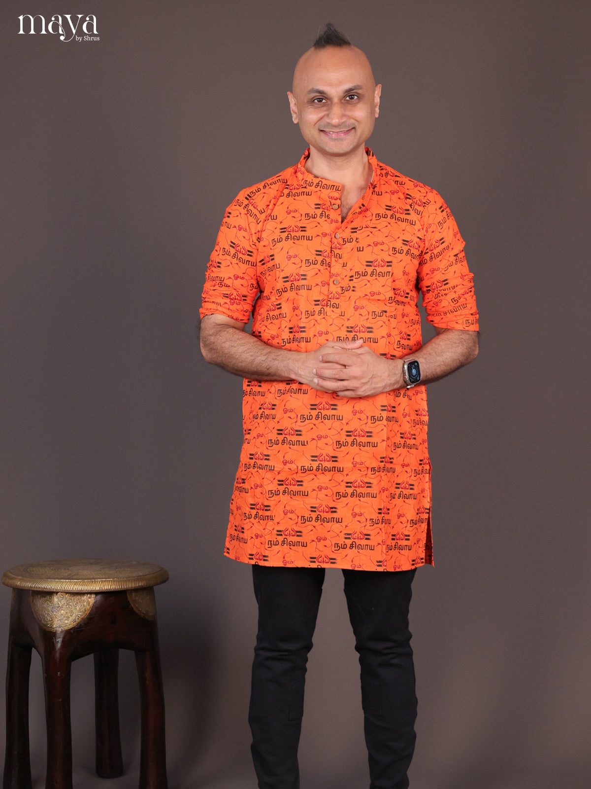 Orange Cotton Divine Printed Short Men Kurta - Shop on Shrus.com