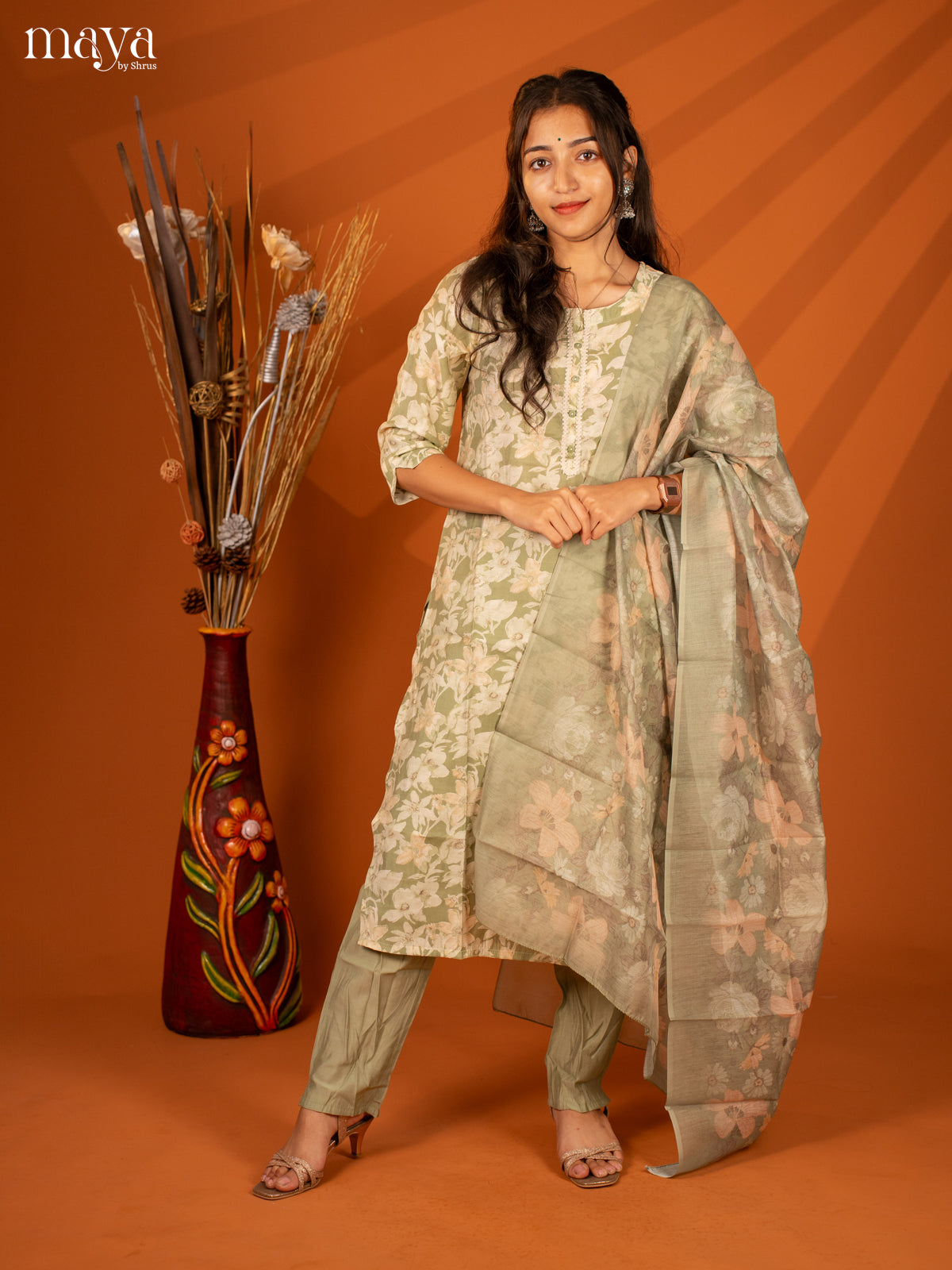 Green Rayon 3Pc Salwar With Floral Print - Top, Bottom & Dupatta - Shop on Shrus.com