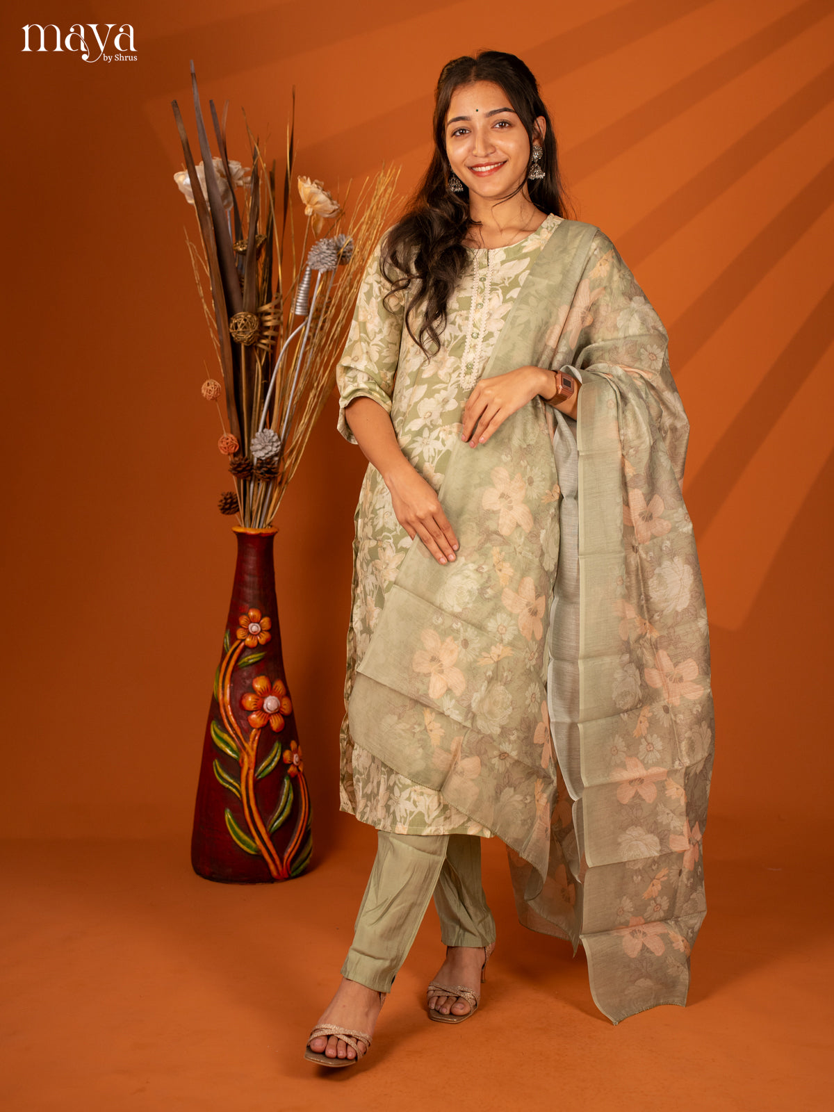 Green Rayon 3Pc Salwar With Floral Print - Top, Bottom & Dupatta - Shop on Shrus.com