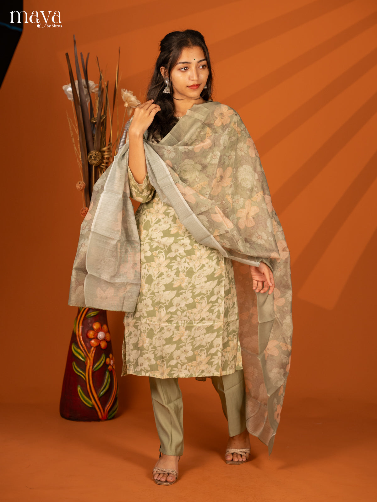 Green Rayon 3Pc Salwar With Floral Print - Top, Bottom & Dupatta - Shop on Shrus.com