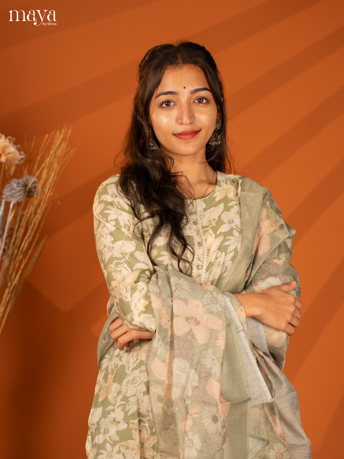 Green Rayon 3Pc Salwar With Floral Print - Top, Bottom & Dupatta - Shop on Shrus.com