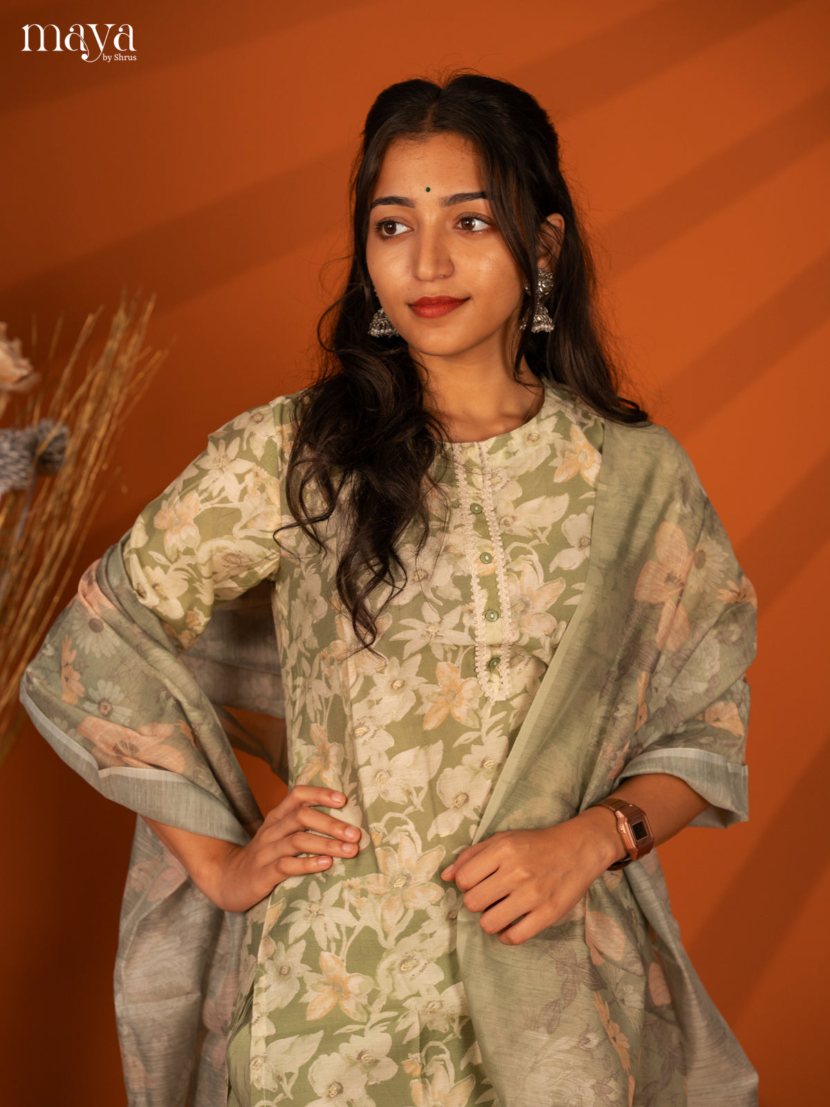 Green Rayon 3Pc Salwar With Floral Print - Top, Bottom & Dupatta - Shop on Shrus.com