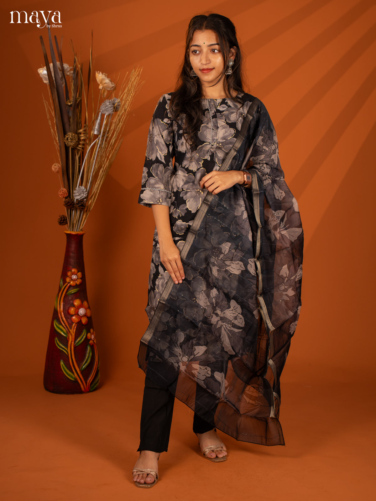 Black Rayon 3Pc Printed Salwar Suit- Top, Bottom & Dupatta - Shop on Shrus.com