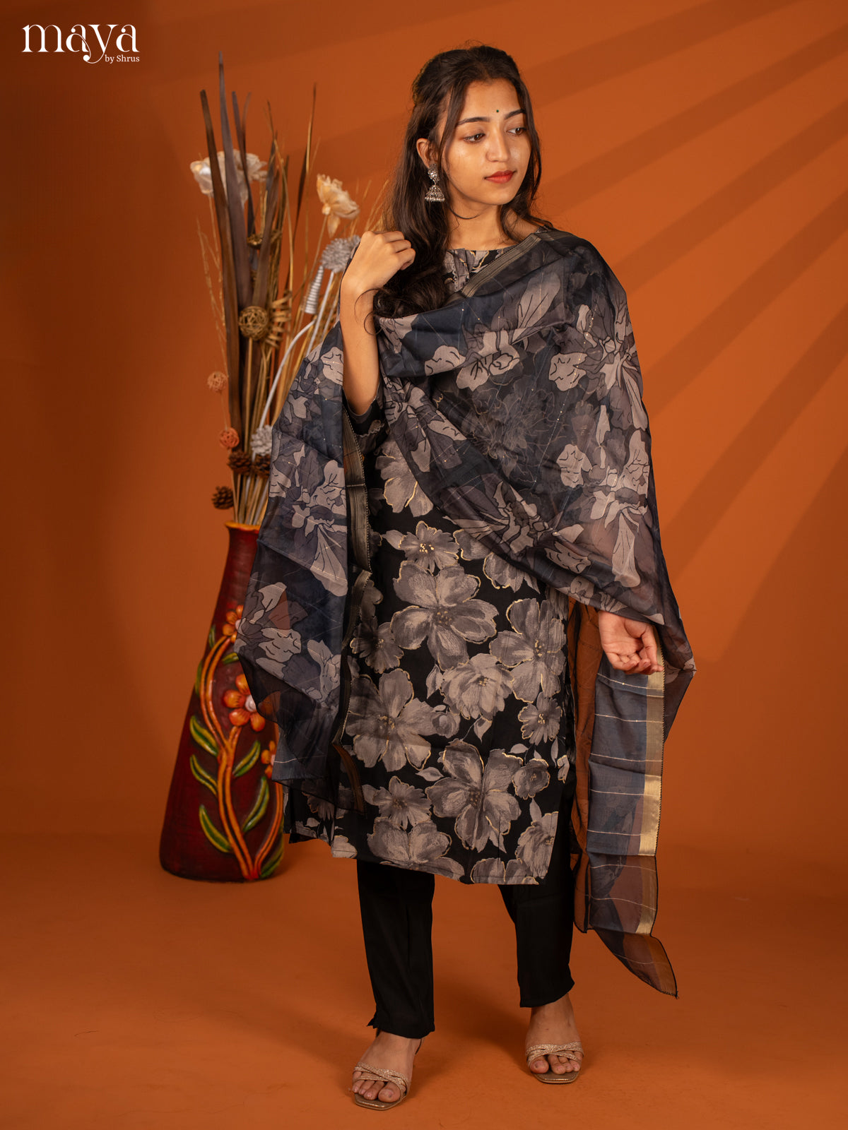 Black Rayon 3Pc Printed Salwar Suit- Top, Bottom & Dupatta - Shop on Shrus.com